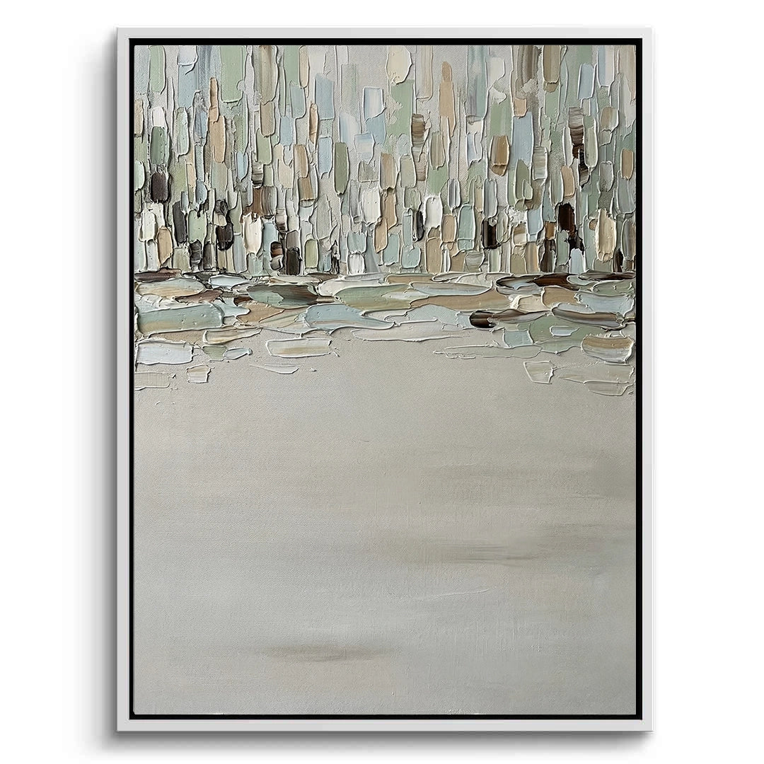 2Large 'Urban Fog Palette' abstract painting with hazy grey gradients and silver leaf accents, a sophisticated statement for a luxury Downtown Dubai apartment.
