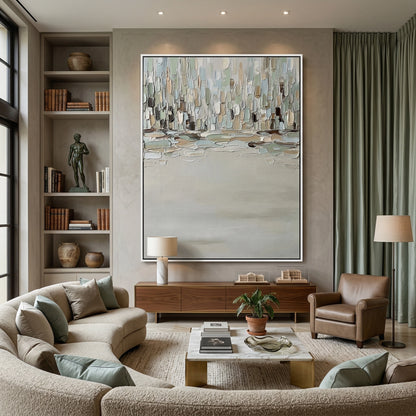 Minimalist 'Urban Fog' canvas art featuring misty charcoal layers and soft-focus depth, bringing a cooling 'Metropolitan Minimalist' vibe to a modern Abu Dhabi home.