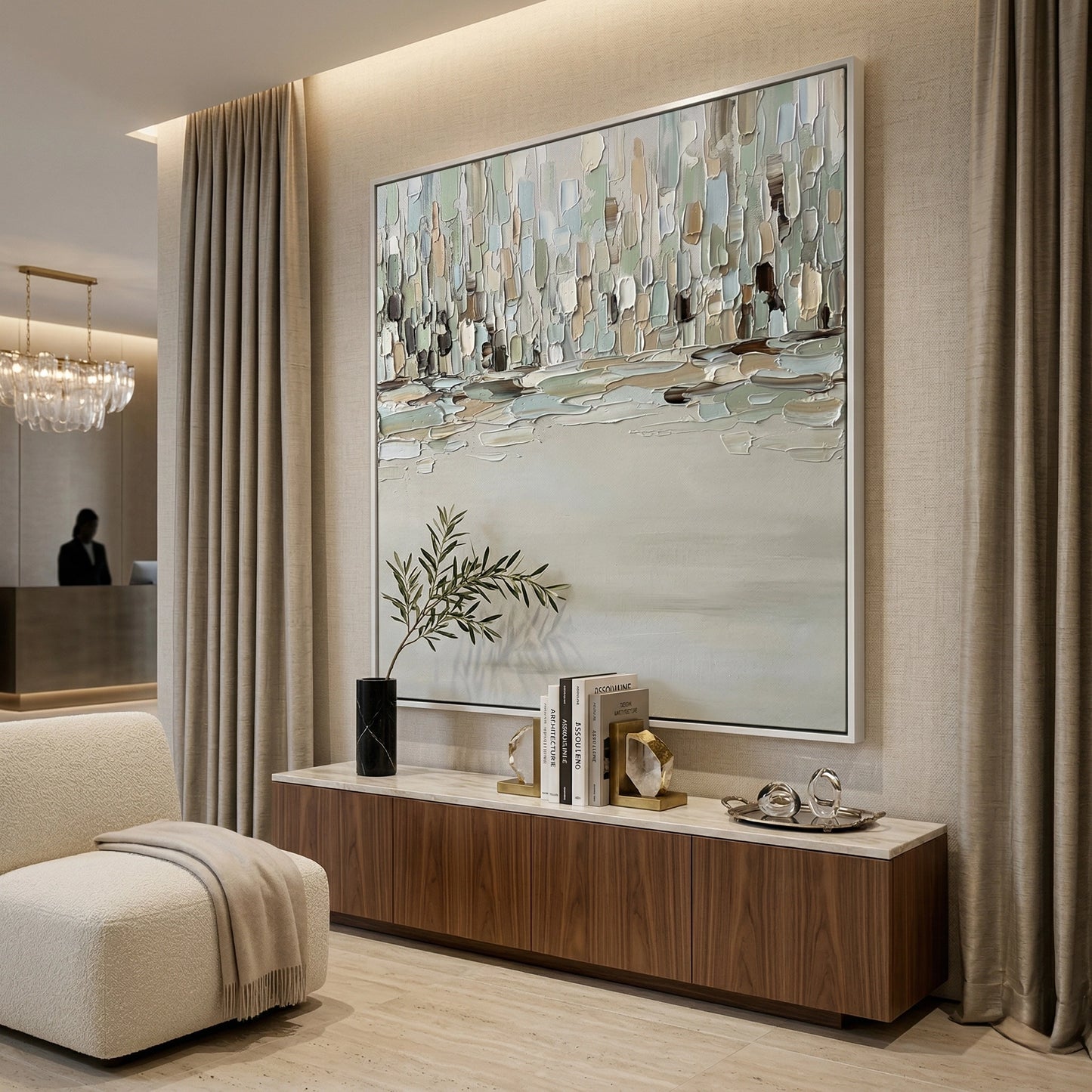 2Contemporary 'Urban Fog' abstract art in a monochromatic palette of slate, smoke, and pearl grey, premium neutral wall decor available in the UAE.