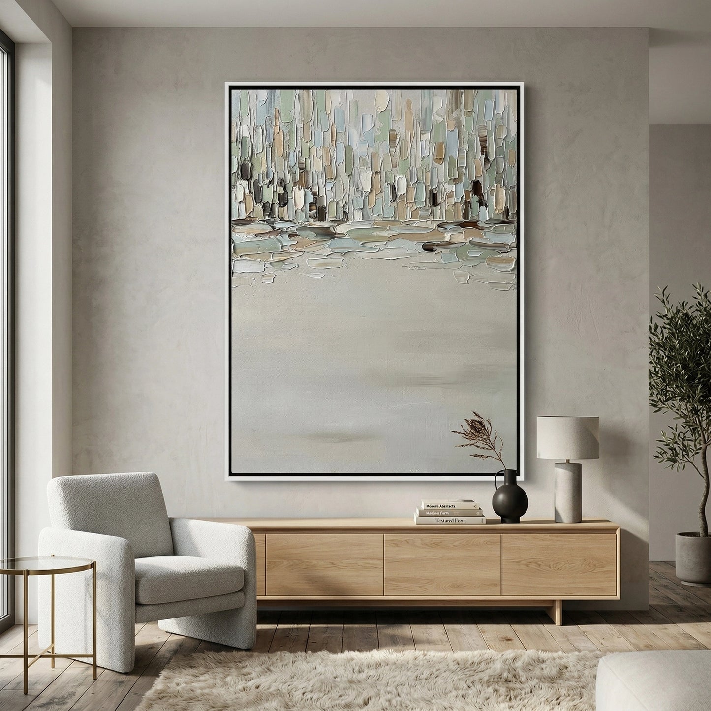 2Luxury 'Urban Fog' area rug with a high-low pile silk blend in a cloudy grey gradient, perfect for a sleek and serene Dubai Marina lounge.