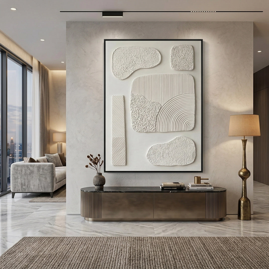 Minimalist abstract artwork with urban plaster textures and neutral tones, ideal for stylish UAE interiors.
