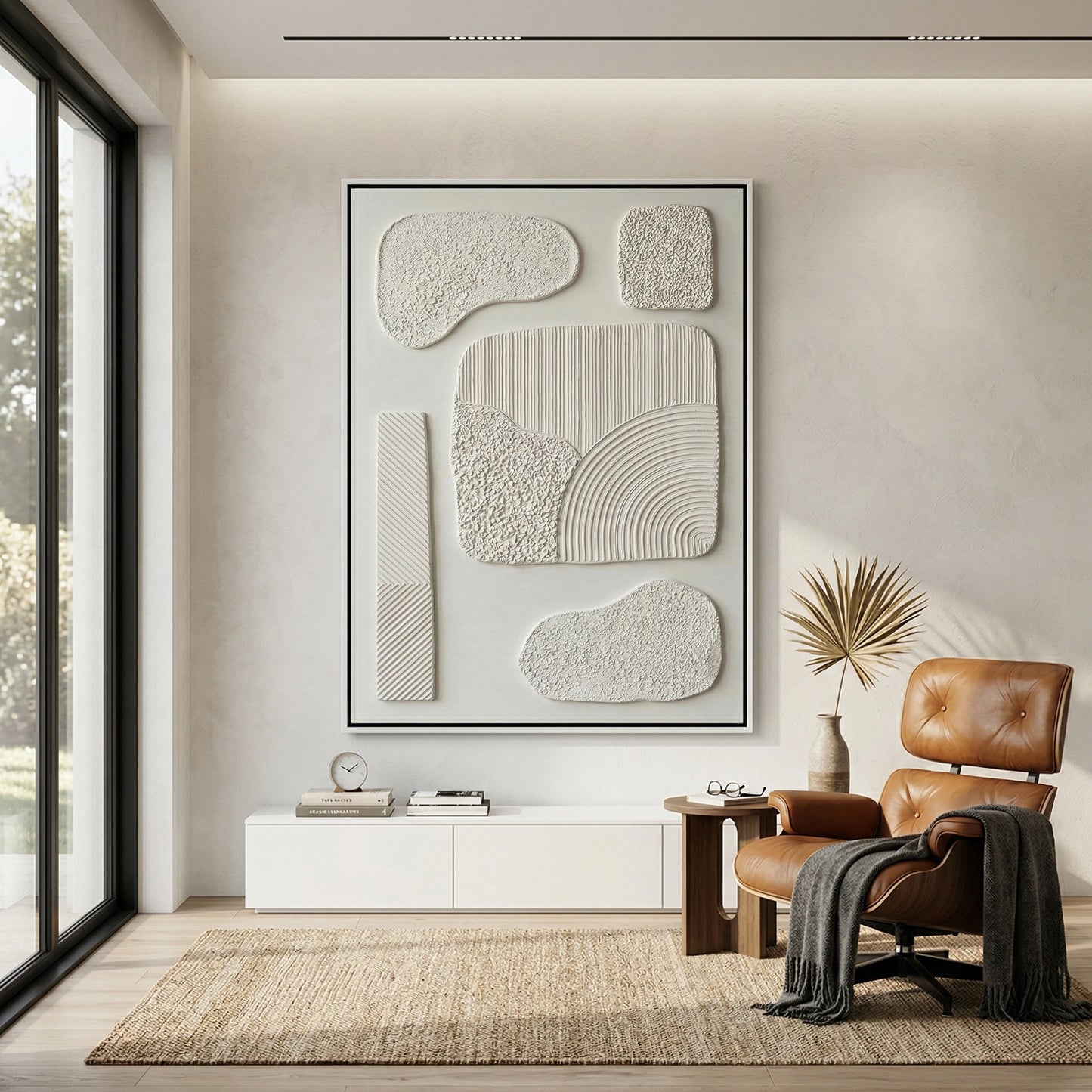 2Textured plaster art print with minimalist design and urban aesthetic, enhancing sophisticated UAE interior styling