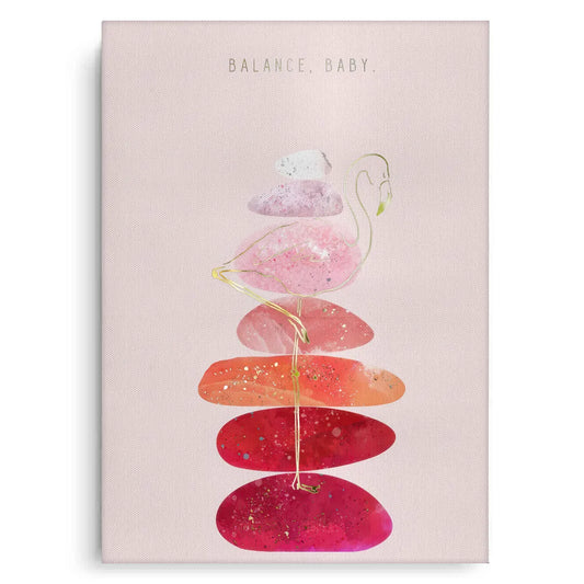 Full-view 'Balance, Baby' canvas print art with a flamingo on stacked colorful stones.
