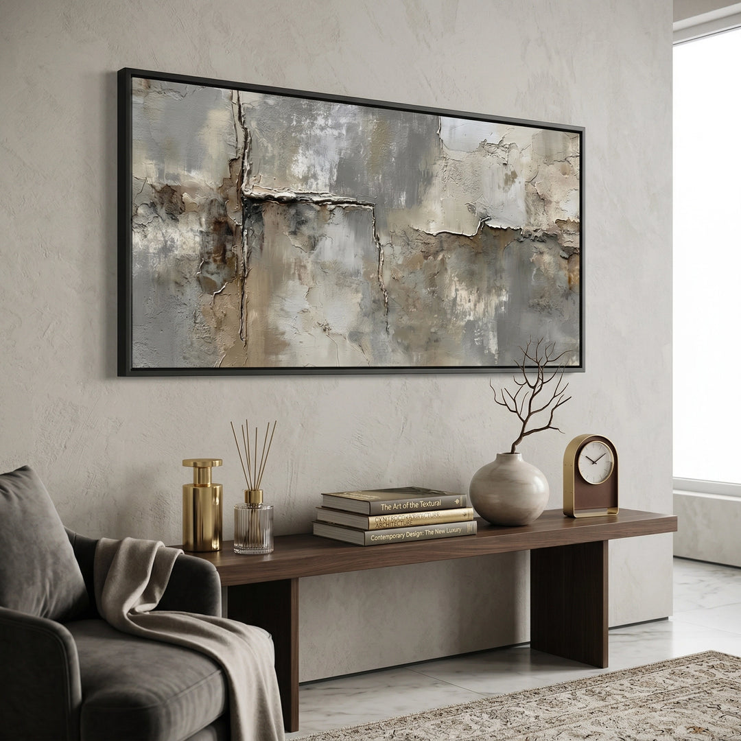 Contemporary pathway-inspired wall decor with layered textures and neutral palette, suited for stylish UAE living spaces
