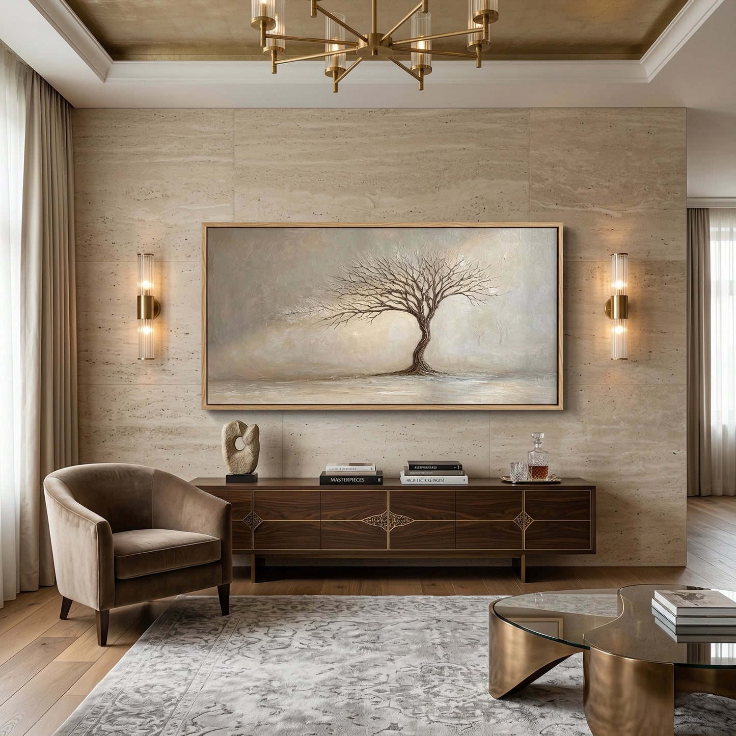 2Whispering Willow abstract wall art, soft earthy tones, luxury UAE home interiors