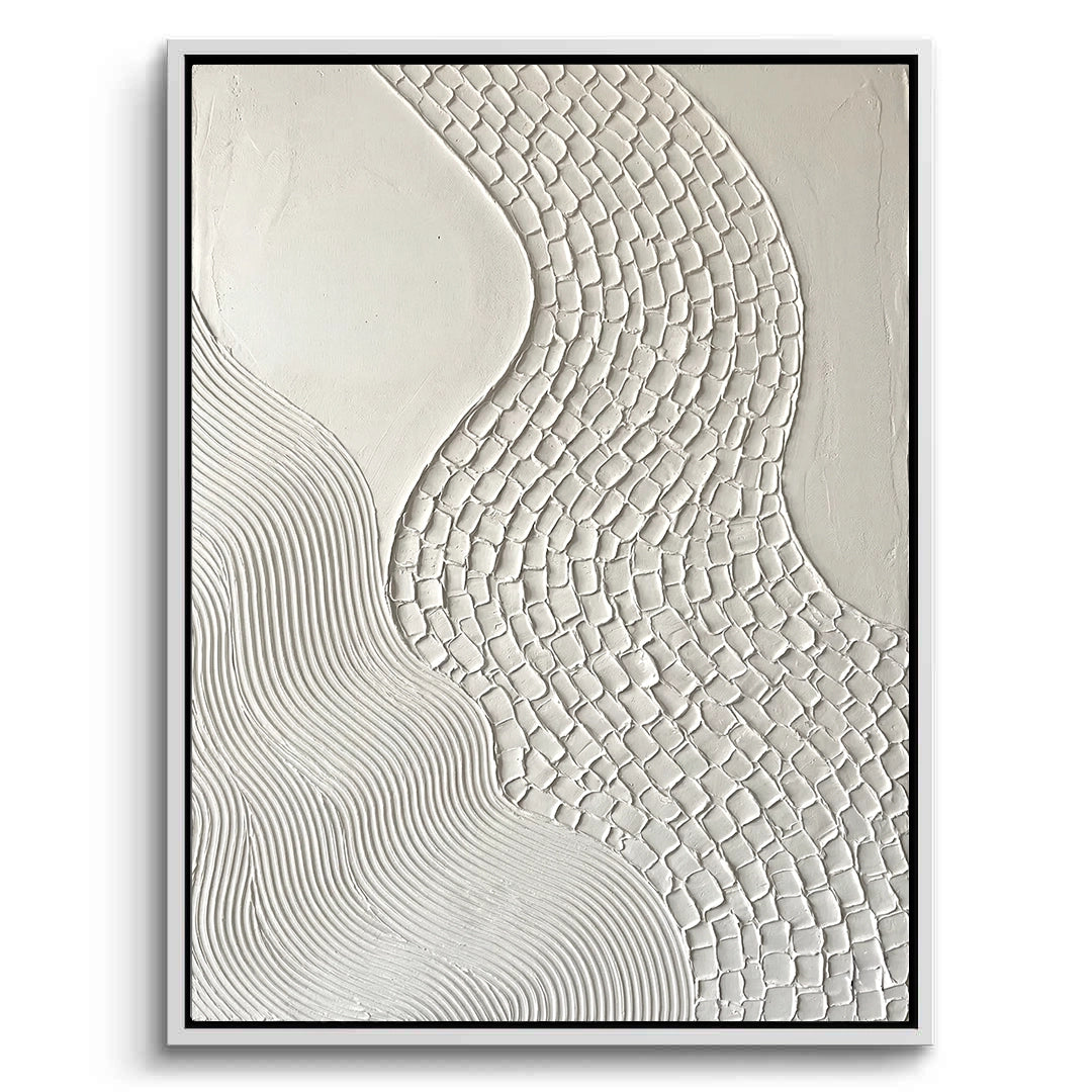 2Textured White Meander canvas art featuring organic winding lines. Minimalist 'Quiet Luxury' wall decor, perfect for a serene bedroom or living space styling in the Emirates
