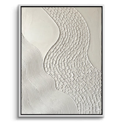 Textured White Meander canvas art featuring organic winding lines. Minimalist 'Quiet Luxury' wall decor, perfect for a serene bedroom or living space styling in the Emirates