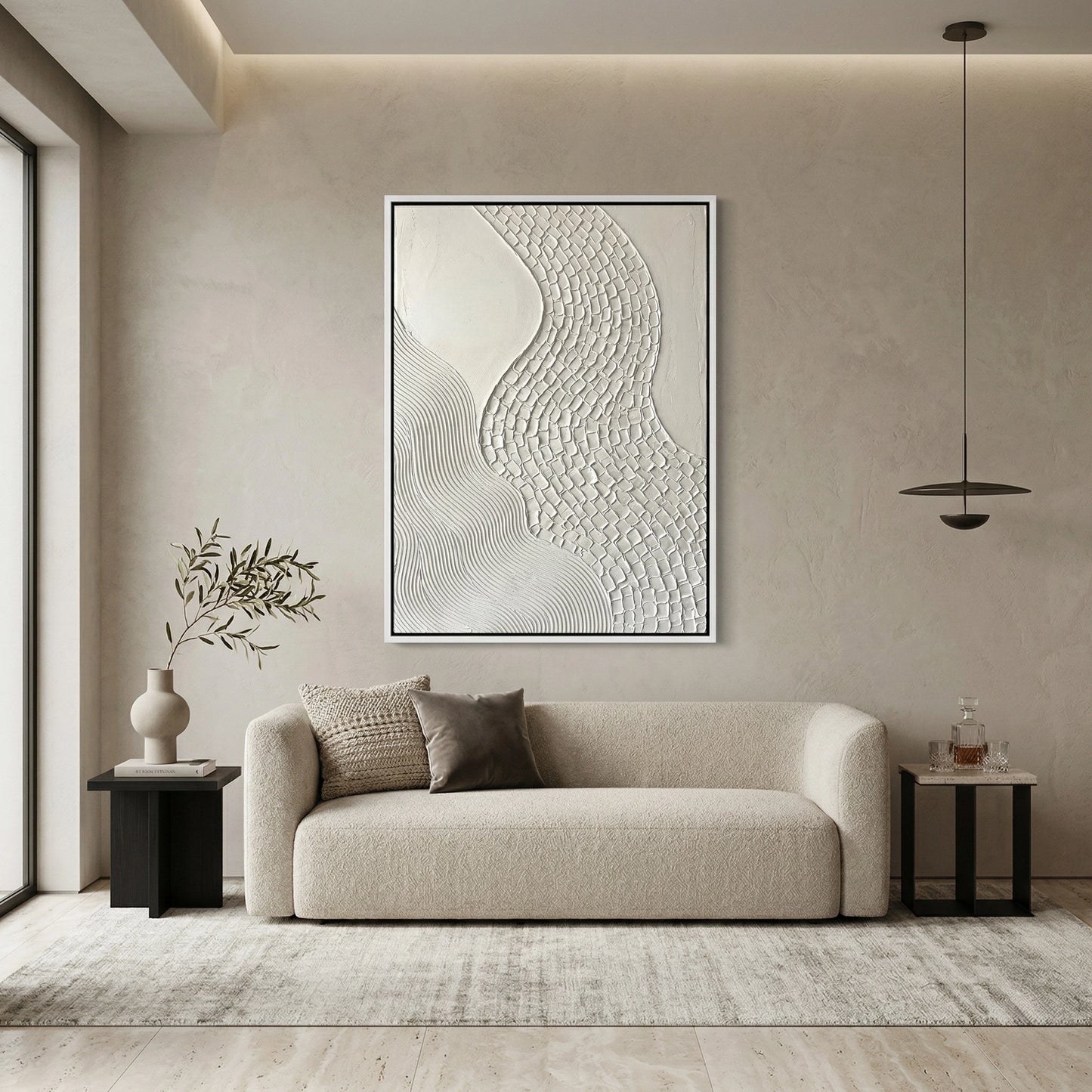 2Minimalist White Meander abstract wall art with textured 3D lines. Elegant monochrome decor for a modern Dubai apartment. Buy contemporary art online in the UAE