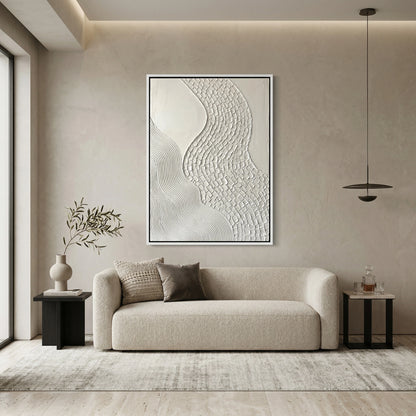 Minimalist White Meander abstract wall art with textured 3D lines. Elegant monochrome decor for a modern Dubai apartment. Buy contemporary art online in the UAE