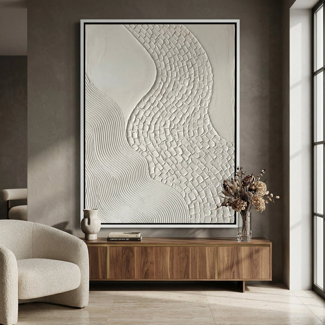 Large White Meander sculptural art piece in a sleek frame. Sophisticated luxury wall decor for high-end villas in Abu Dhabi. Shop minimalist abstract art with fast UAE shipping