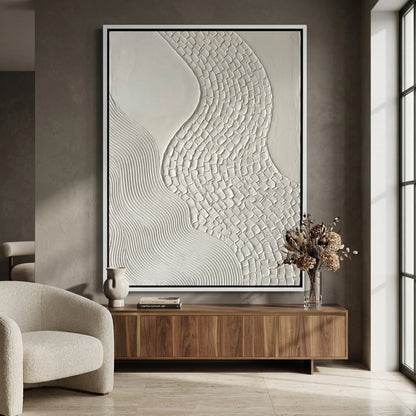 Large White Meander sculptural art piece in a sleek frame. Sophisticated luxury wall decor for high-end villas in Abu Dhabi. Shop minimalist abstract art with fast UAE shipping