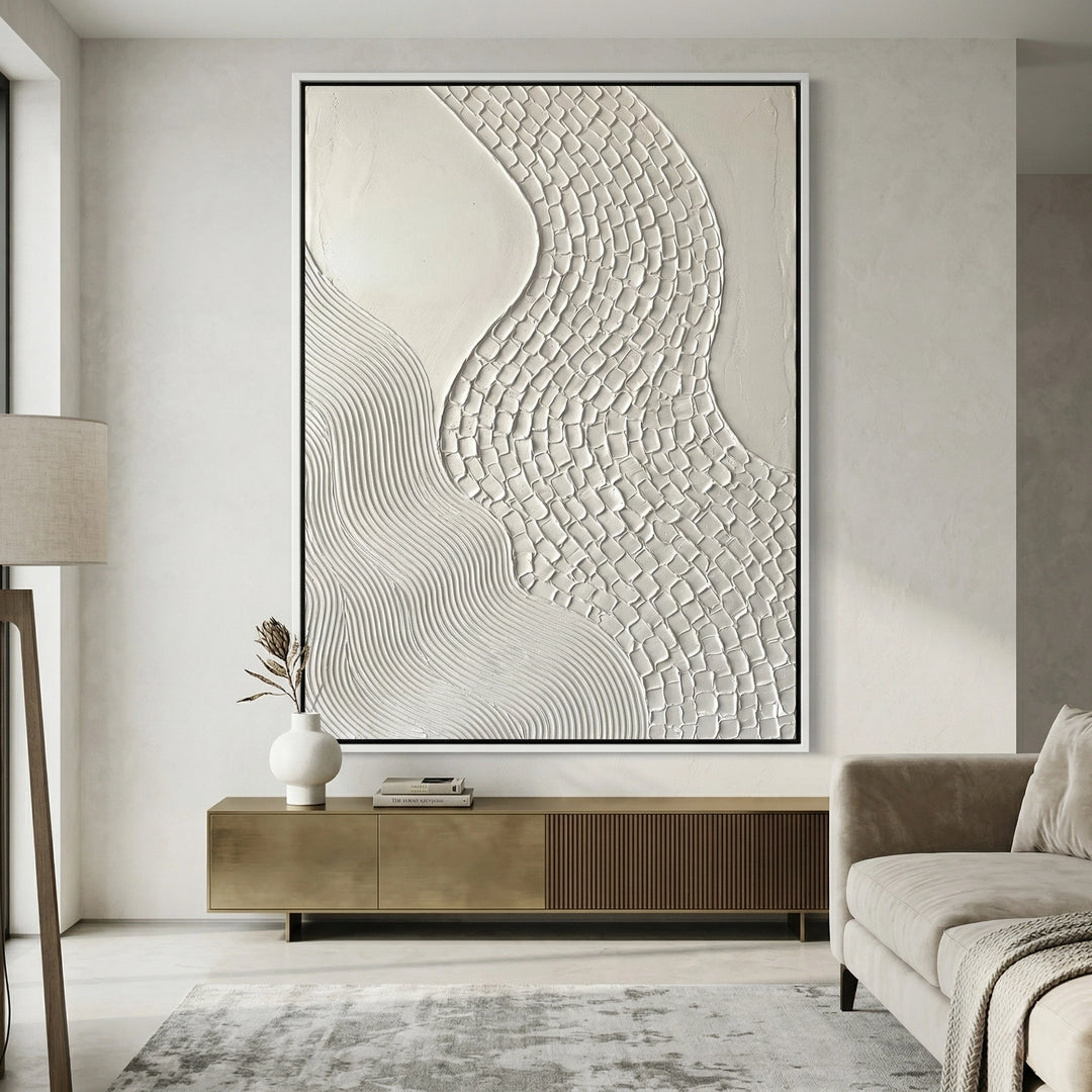 Contemporary White Meander Greek Key inspired wall art. A timeless geometric pattern for modern Arabic interiors, available to order online in Dubai and the UAE