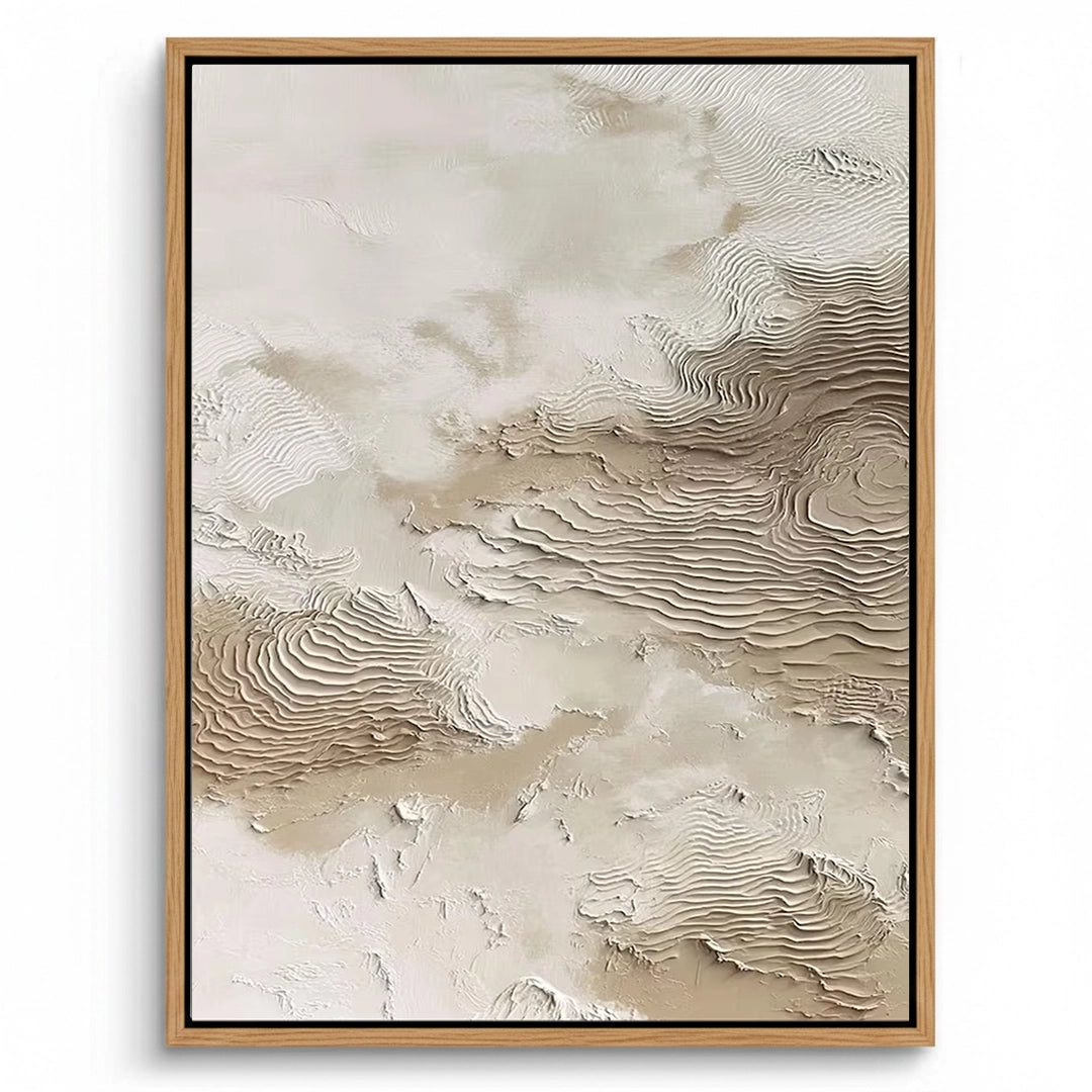 Hand-textured 'Wind-Swept Sands' plaster art featuring organic dune ridges in a warm beige palette, a serene statement for a luxury Dubai villa.