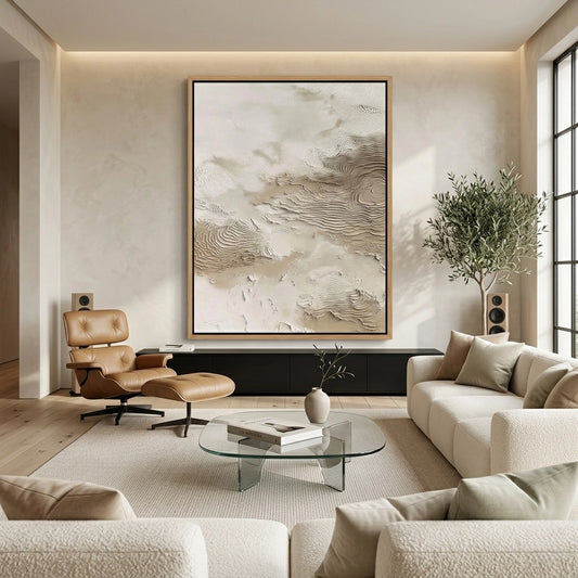 Minimalist 'Wind-Swept Sands' canvas art with heavy impasto textures and soft shadow play, bringing a grounded desert aesthetic to a modern Abu Dhabi home.