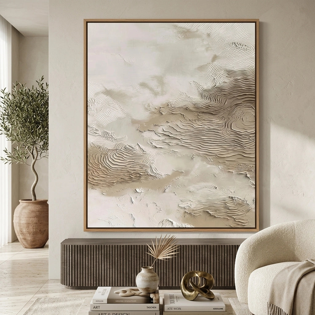 2Abstract 'Wind-Swept Sands' textured painting in a monochromatic sand hue, premium neutral wall decor available in the UAE.