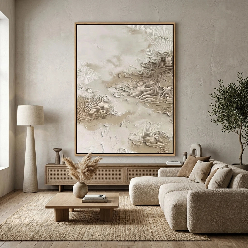 2Luxury 'Wind-Swept Sands' area rug with a high-low pile carved pattern mimicking desert ripples, perfect for a contemporary Dubai lounge.