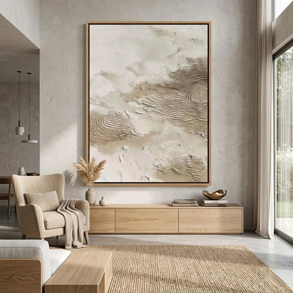2Textured 'Wind-Swept Sands' linen cushion in a natural oatmeal shade, a sophisticated neutral accessory for a minimalist UAE interior.