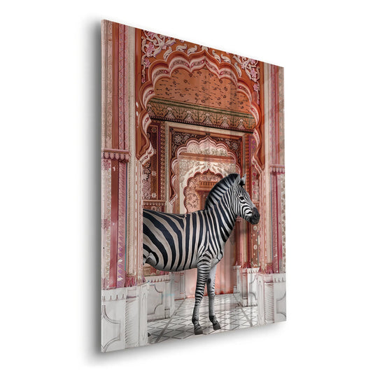 Glossy Acrylic print of zebra standing in ornate pink and orange Indian palace archway