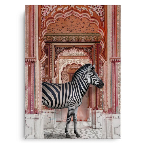 Black and white zebra standing in ornate palace archway on large Canvas print