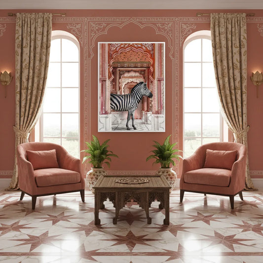 Fine Art print of zebra in Indian palace archway hanging above a dark wooden console table in a bright room