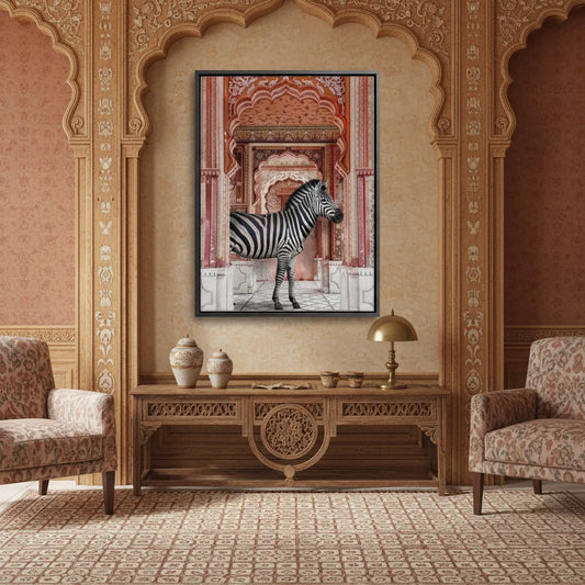 Framed Canvas wall art of zebra in palace hanging above a dark wooden desk in a neutral room
