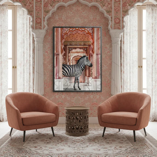 Large Acrylic wall art of zebra in palace hanging above two modern terracotta chairs in a bright room