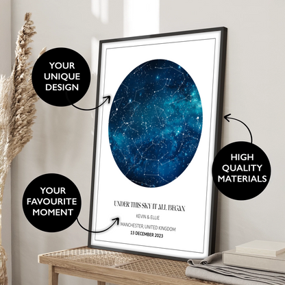 Custom Star Map Print, Night We Met Anniversary Gift Dark Blue