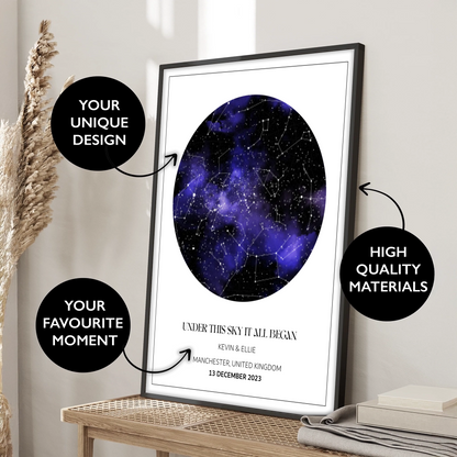 Custom Star Map Print, Night We Met Anniversary Gift Purple