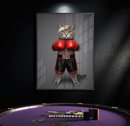 Fight for Love Black Frame Canvas Art Framed picture of a cat in boxing attire with 'LOVE' on the shorts, displayed on a dark wall above a poker table.