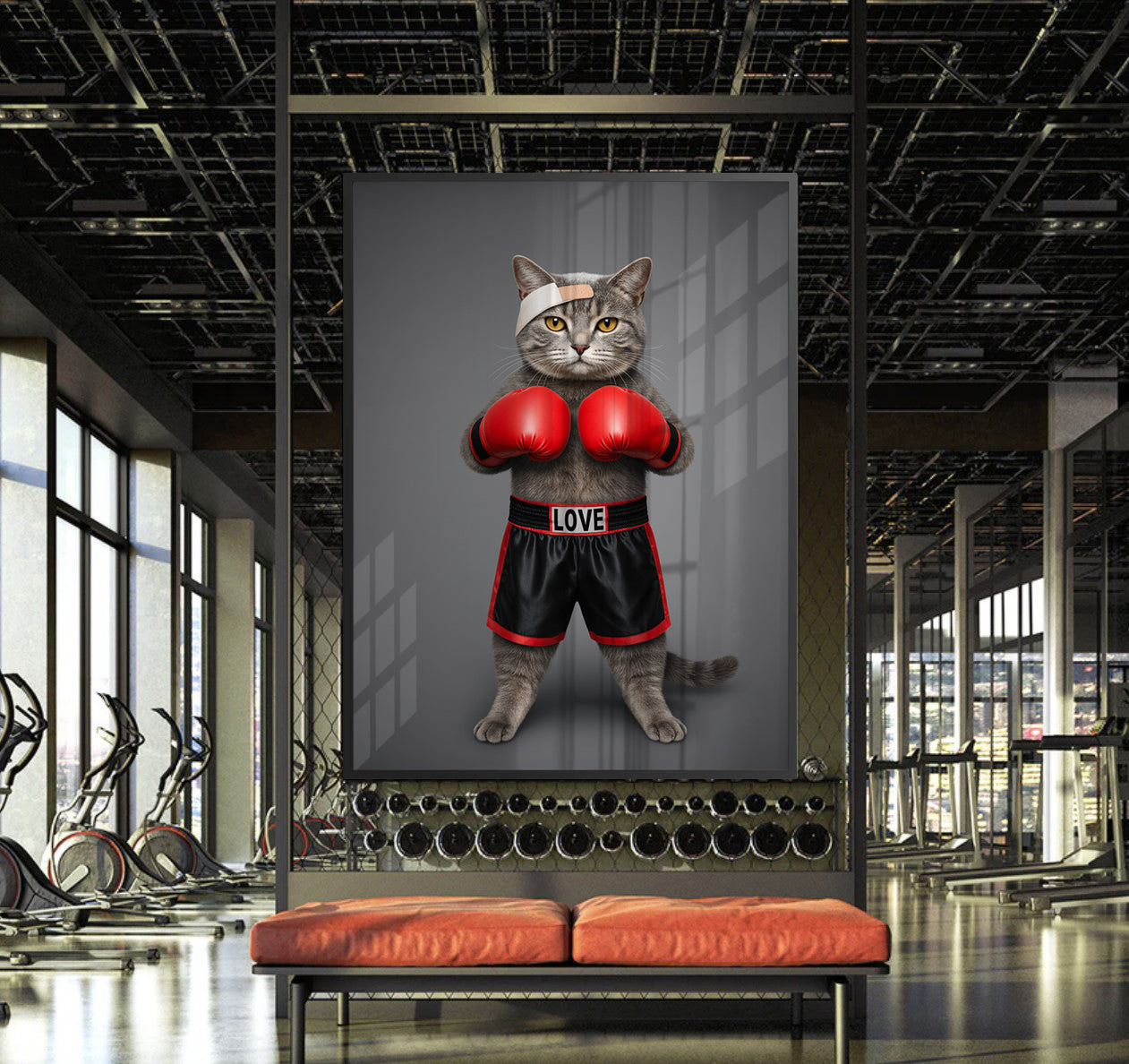 2Fight for Love Black Frame Canvas Art Cat in boxing gloves and shorts with 'LOVE' on a Room Mockup in a gym.