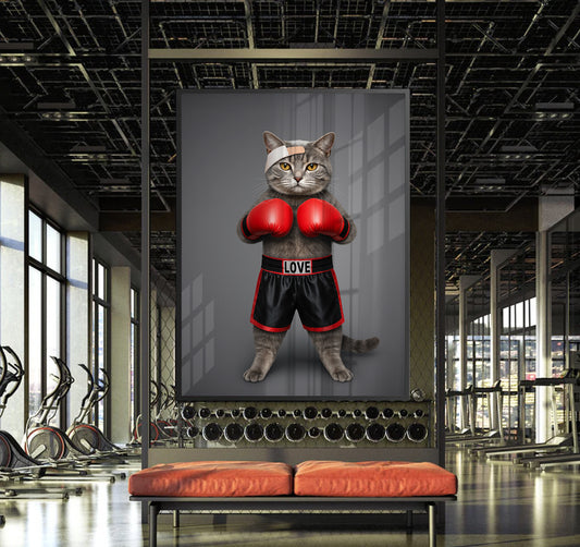 Fight for Love Black Frame Canvas Art Cat in boxing gloves and shorts with 'LOVE' on a Room Mockup in a gym.