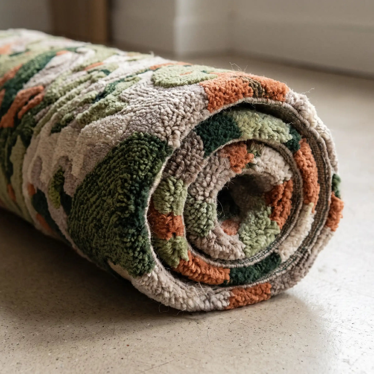 Terrain Bloom modern abstract rug in Moss Blush – rolled to show the backing and thickness