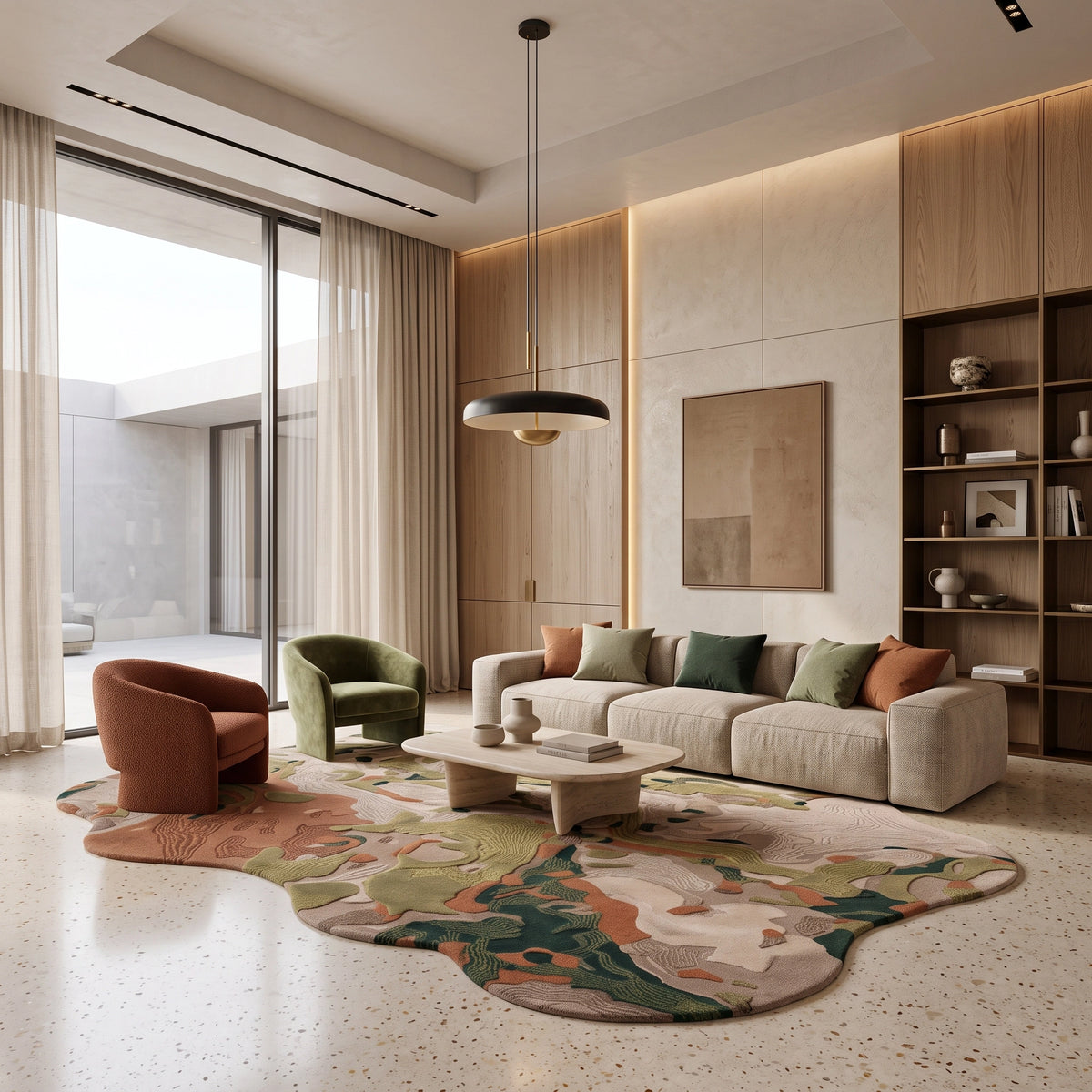 Terrain Bloom modern abstract rug in Moss Blush – styled in a living room