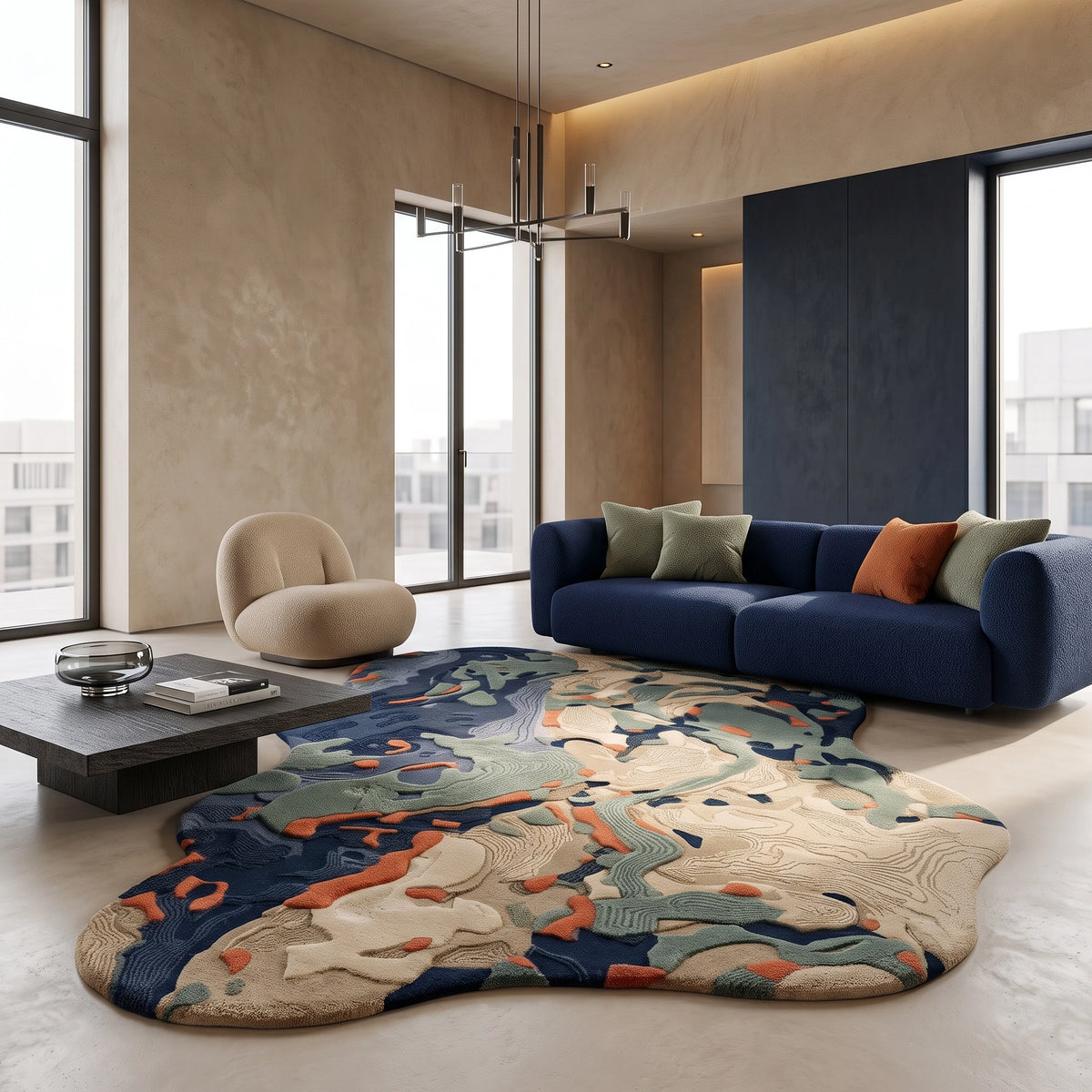 Terrain Bloom modern abstract rug in Coastal Teal – styled in a living room