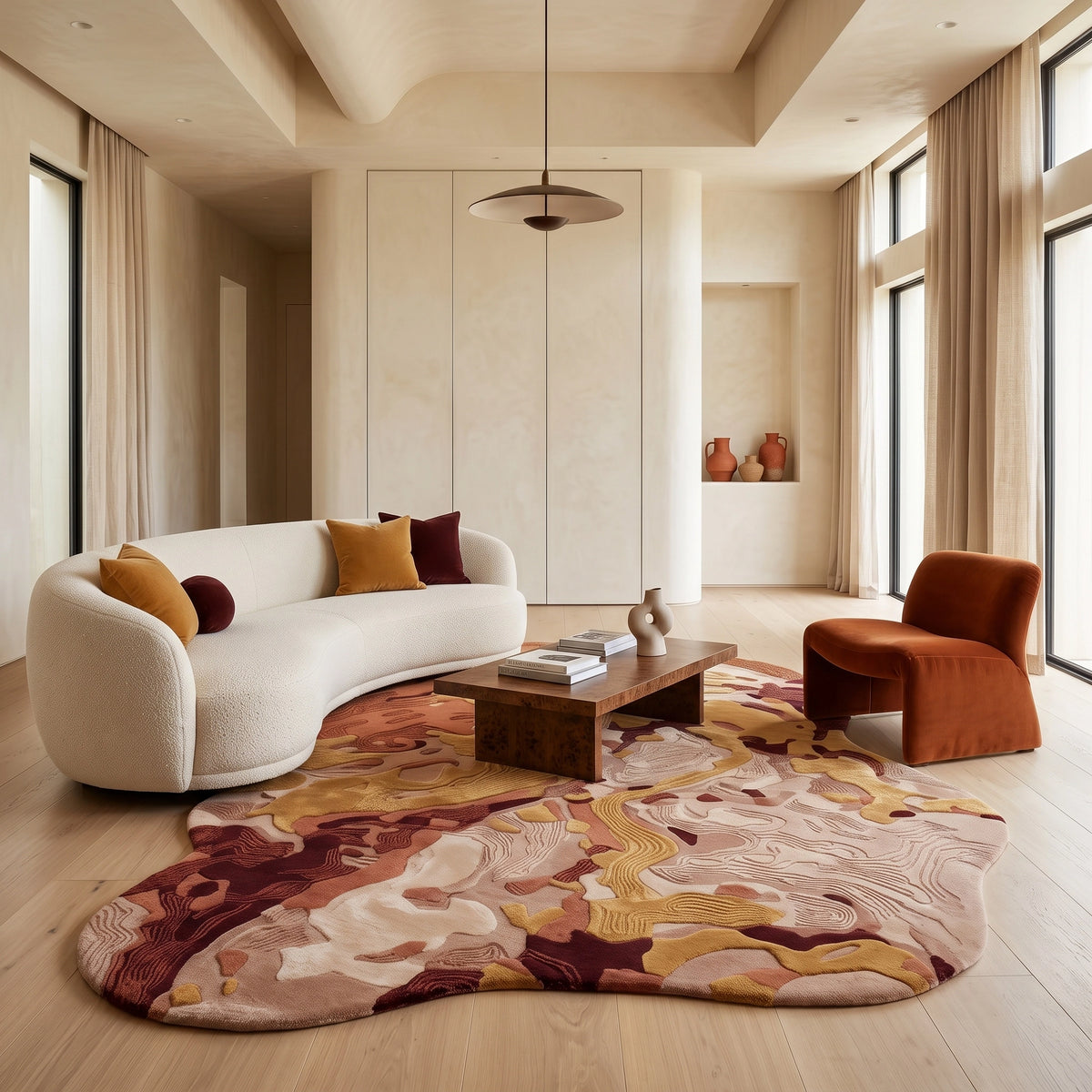 Terrain Bloom modern abstract rug in Saffron Rose – styled in a living room