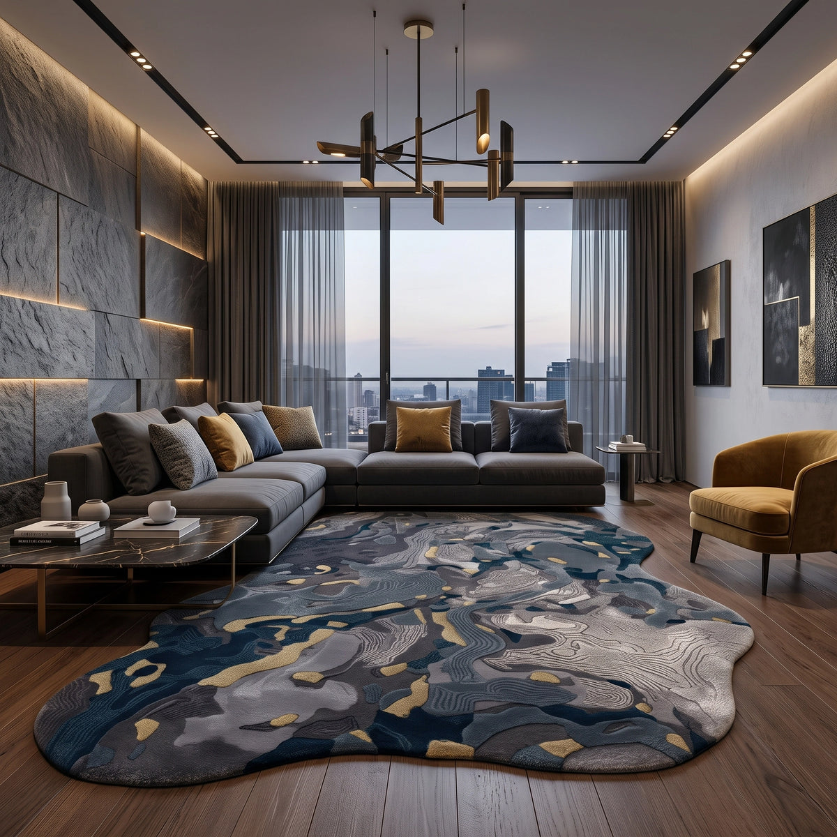 Terrain Bloom modern abstract rug in Midnight Gold – styled in a living room