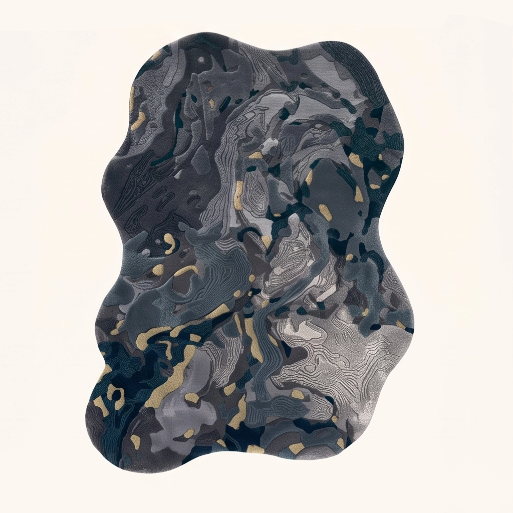 Terrain Bloom modern abstract rug in Midnight Gold – flat lay