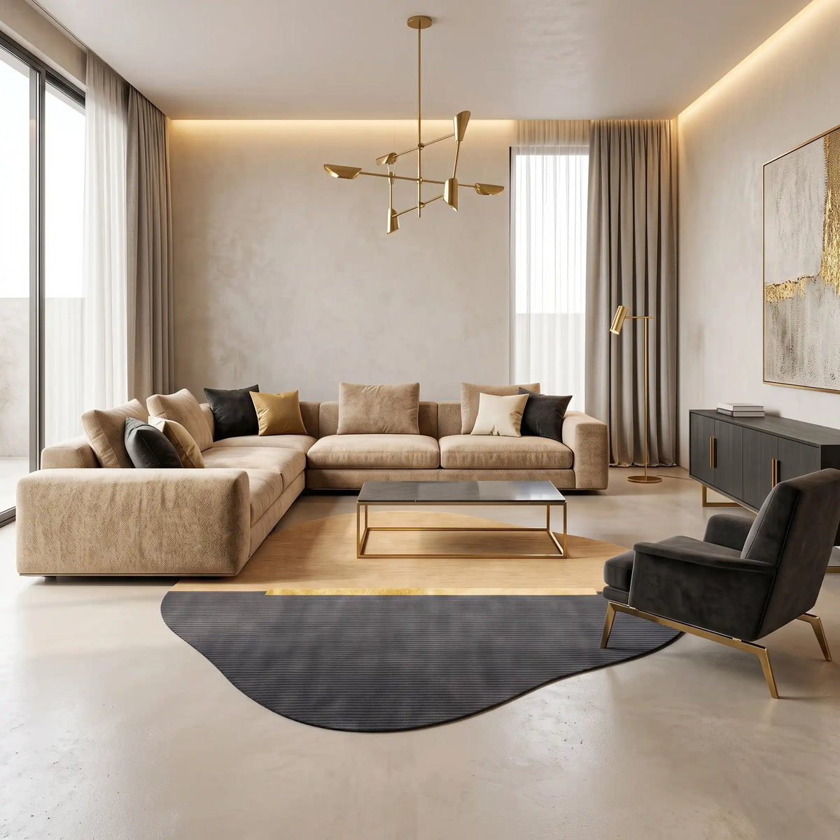 Horizon Pebble modern abstract rug in Sand Charcoal – styled in a living room