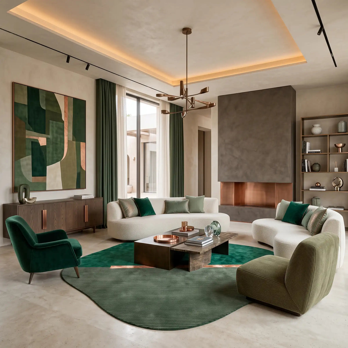 Horizon Pebble modern abstract rug in Emerald Sage – styled in a living room