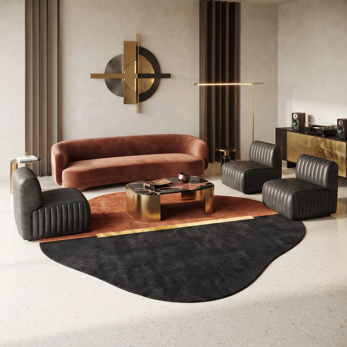 Horizon Pebble modern abstract rug in Copper Noir – styled in a living room