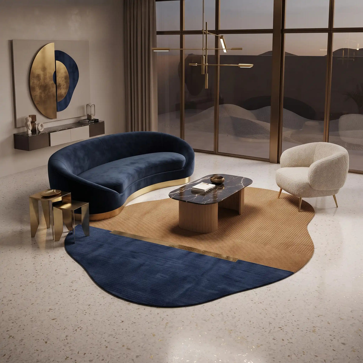 Horizon Pebble modern abstract rug in Navy Ochre – styled in a living room