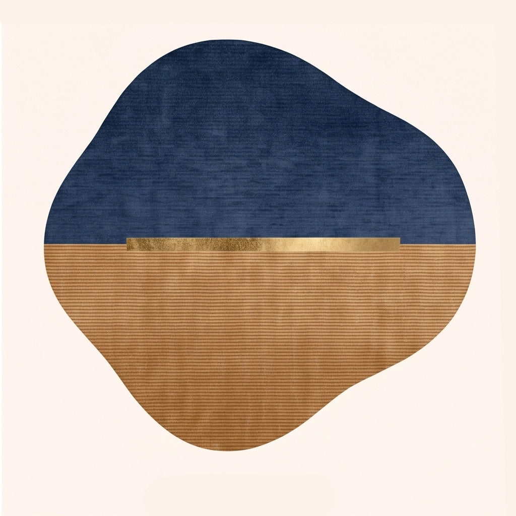 Horizon Pebble modern abstract rug in Navy Ochre – flat lay