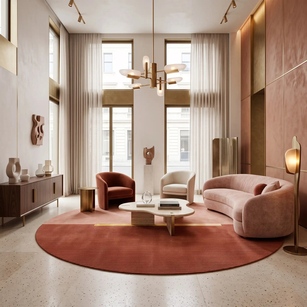 Eclipse modern abstract rug in Terracotta Blush – styled in a living room