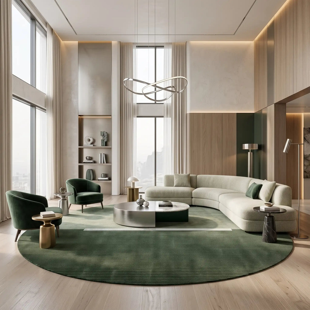 Eclipse modern abstract rug in Sage Forest – styled in a living room
