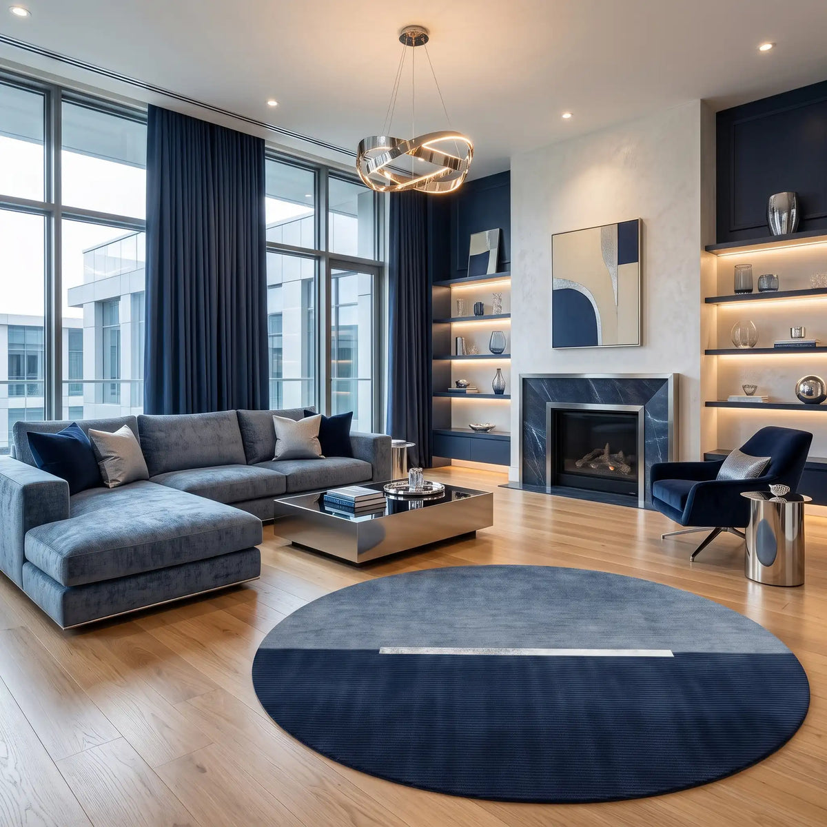 Eclipse modern abstract rug in Denim Navy – styled in a living room