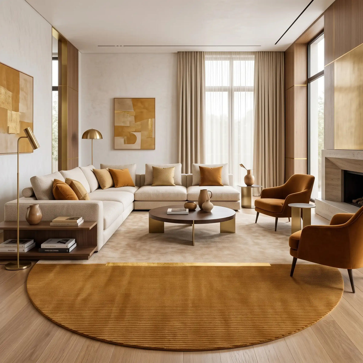 Eclipse modern abstract rug in Golden Ochre – styled in a living room