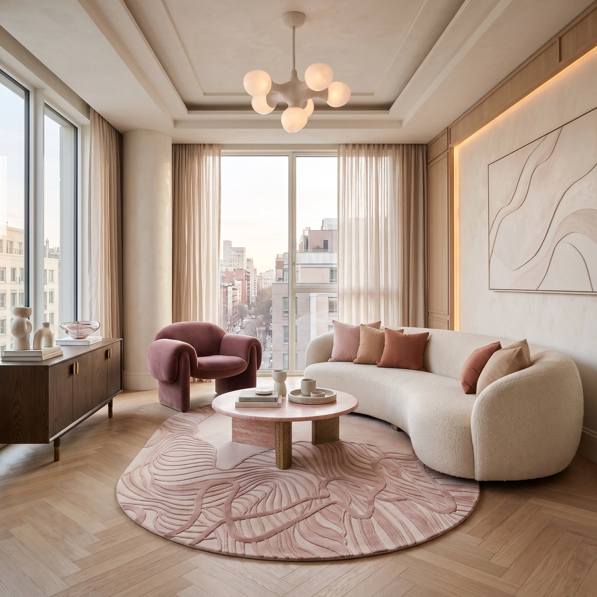 Contour Leaf hand-tufted rug in Blush Rose – styled in a living room