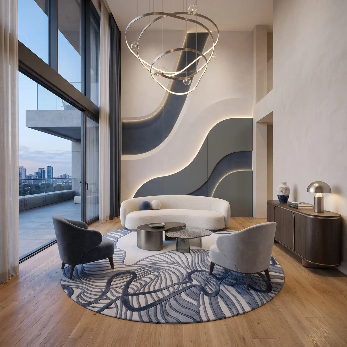 Contour Leaf hand-tufted rug in Slate Blue – styled in a living room