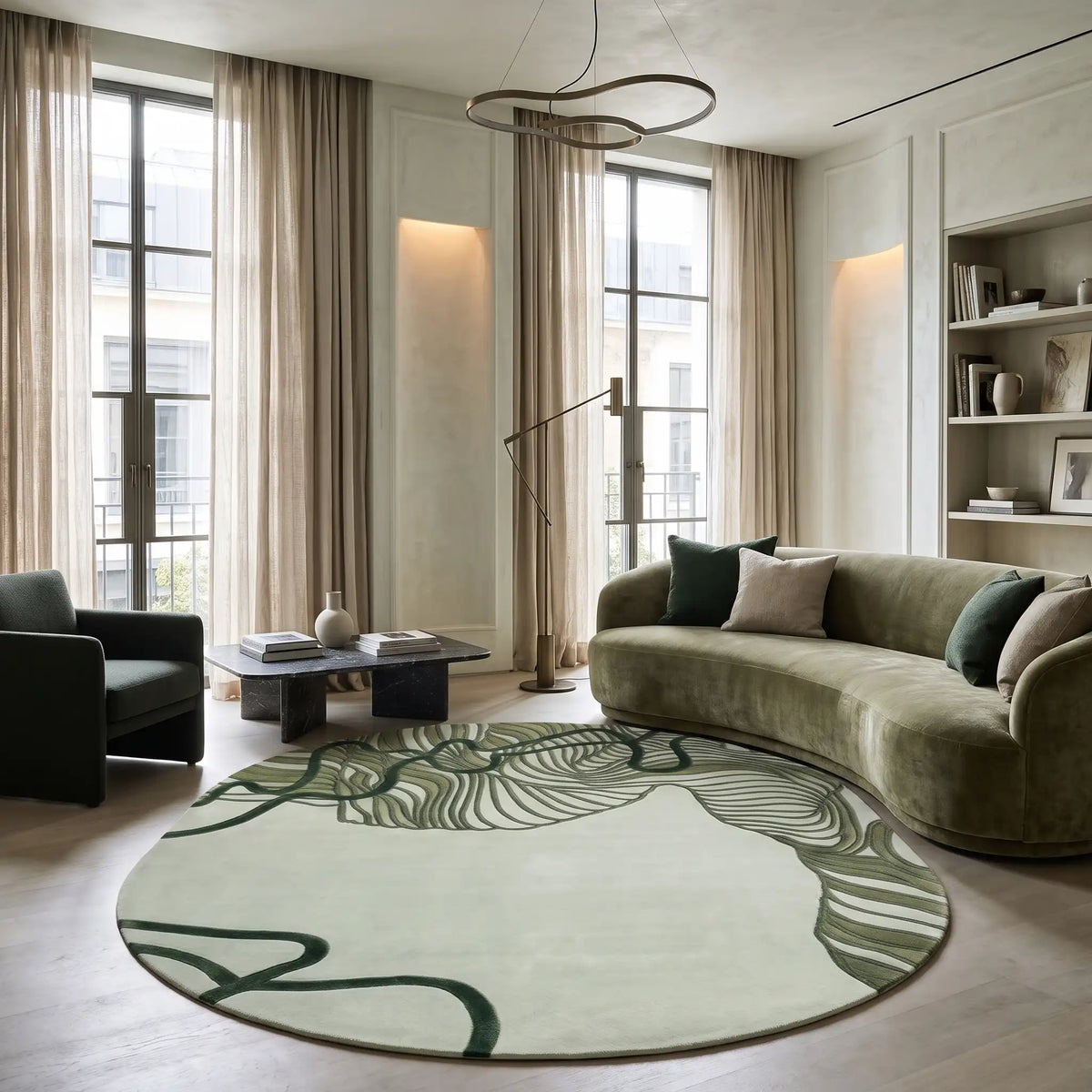 Contour Leaf hand-tufted rug in Sage Forest – styled in a living room