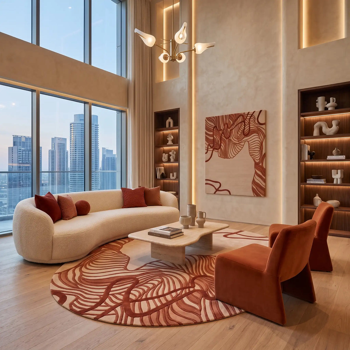Contour Leaf hand-tufted rug in Terracotta – styled in a living room